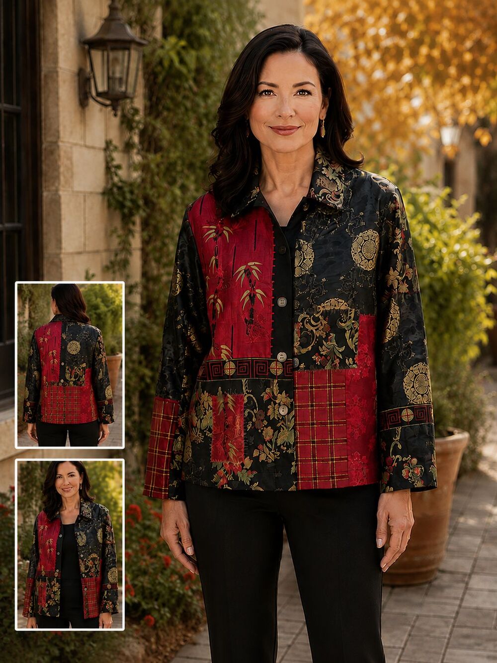 Chico’s Size 1/Sm Asian Patchwork Jacket Red Black Gold Embroidered Silk Blend